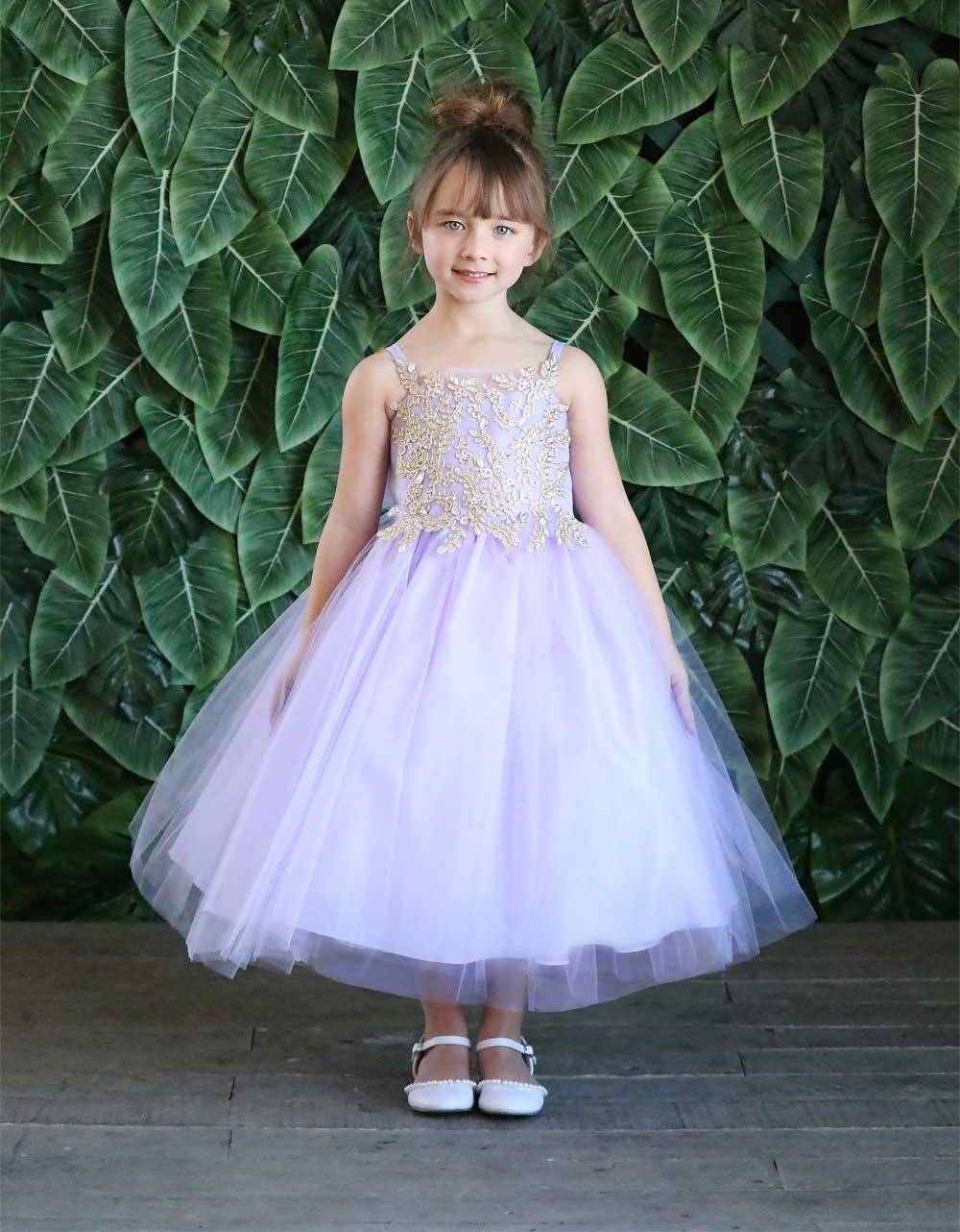 Girls Sleeveless Tulle Dress with Leaf Appliques by Calla D778-Girls Formal Dresses-ABC Fashion