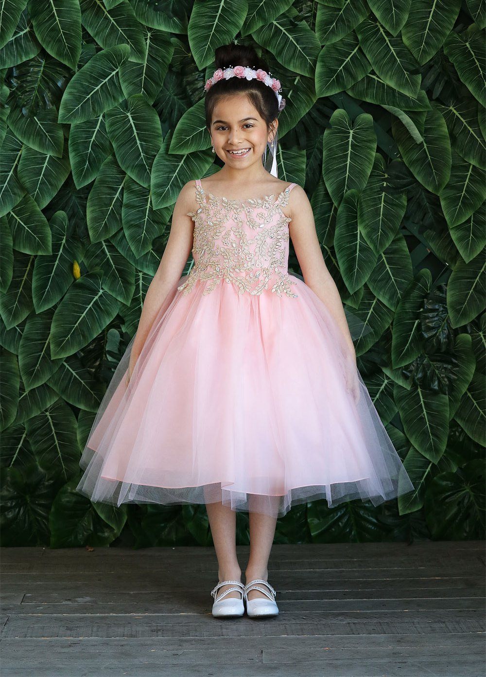 Girls Sleeveless Tulle Dress with Leaf Appliques by Calla D778-Girls Formal Dresses-ABC Fashion