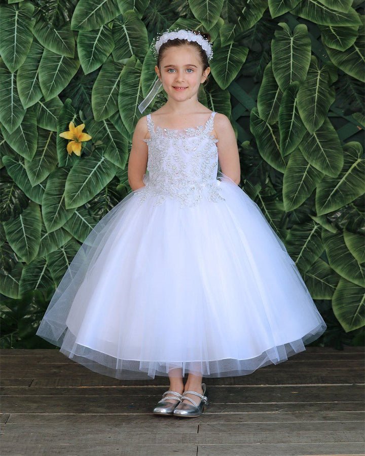 Girls Sleeveless Tulle Dress with Leaf Appliques by Calla D778-Girls Formal Dresses-ABC Fashion