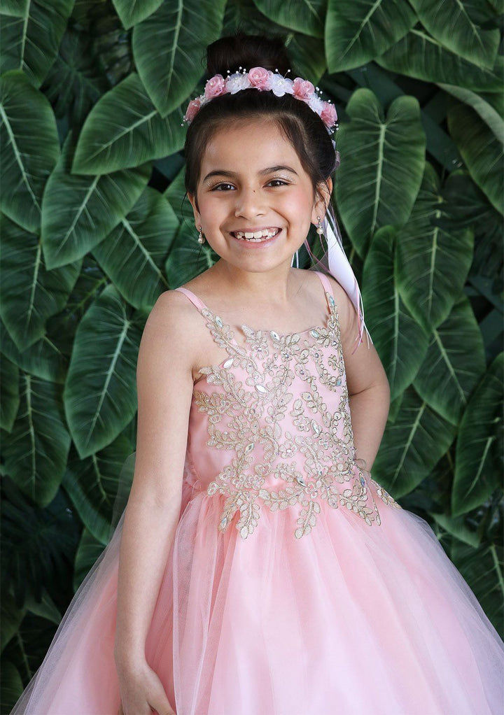 Girls Sleeveless Tulle Dress with Leaf Appliques by Calla D778-Girls Formal Dresses-ABC Fashion