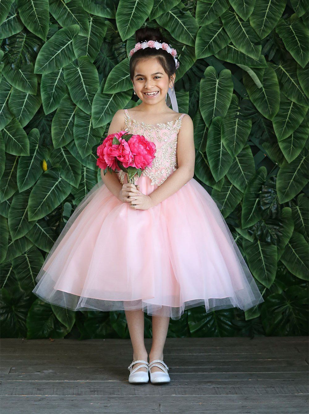 Girls Sleeveless Tulle Dress with Leaf Appliques by Calla D778-Girls Formal Dresses-ABC Fashion