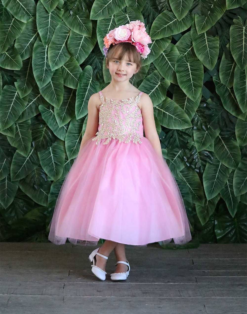 Girls Sleeveless Tulle Dress with Leaf Appliques by Calla D778-Girls Formal Dresses-ABC Fashion