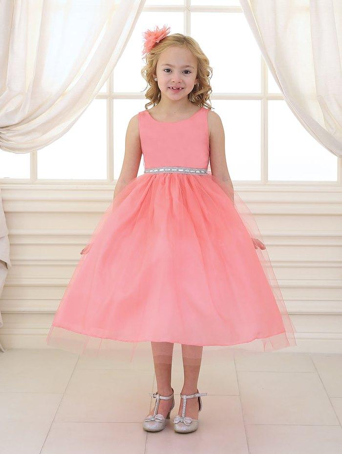 Girls Tea Length Tulle Dress with Beaded Waistline-Girls Formal Dresses-ABC Fashion