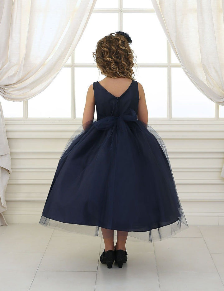 Girls Tea Length Tulle Dress with Beaded Waistline-Girls Formal Dresses-ABC Fashion