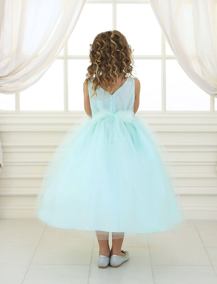 Girls Tea Length Tulle Dress with Beaded Waistline-Girls Formal Dresses-ABC Fashion