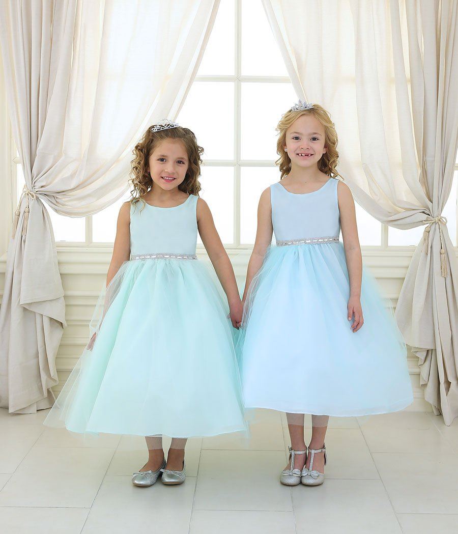Girls Tea Length Tulle Dress with Beaded Waistline-Girls Formal Dresses-ABC Fashion