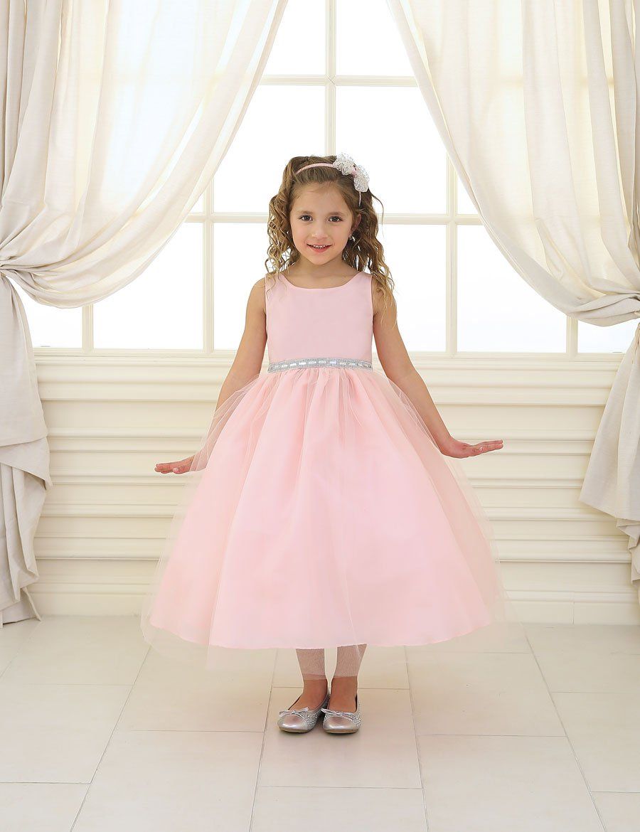 Girls Tea Length Tulle Dress with Beaded Waistline-Girls Formal Dresses-ABC Fashion