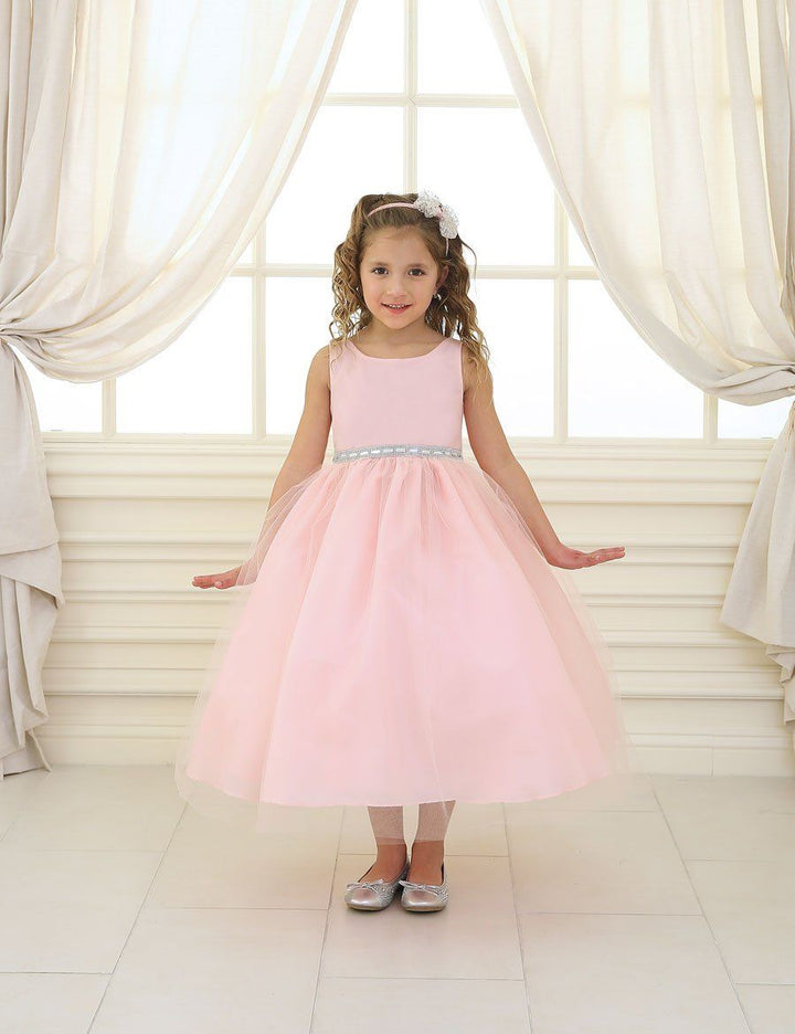 Girls Tea Length Tulle Dress with Beaded Waistline-Girls Formal Dresses-ABC Fashion