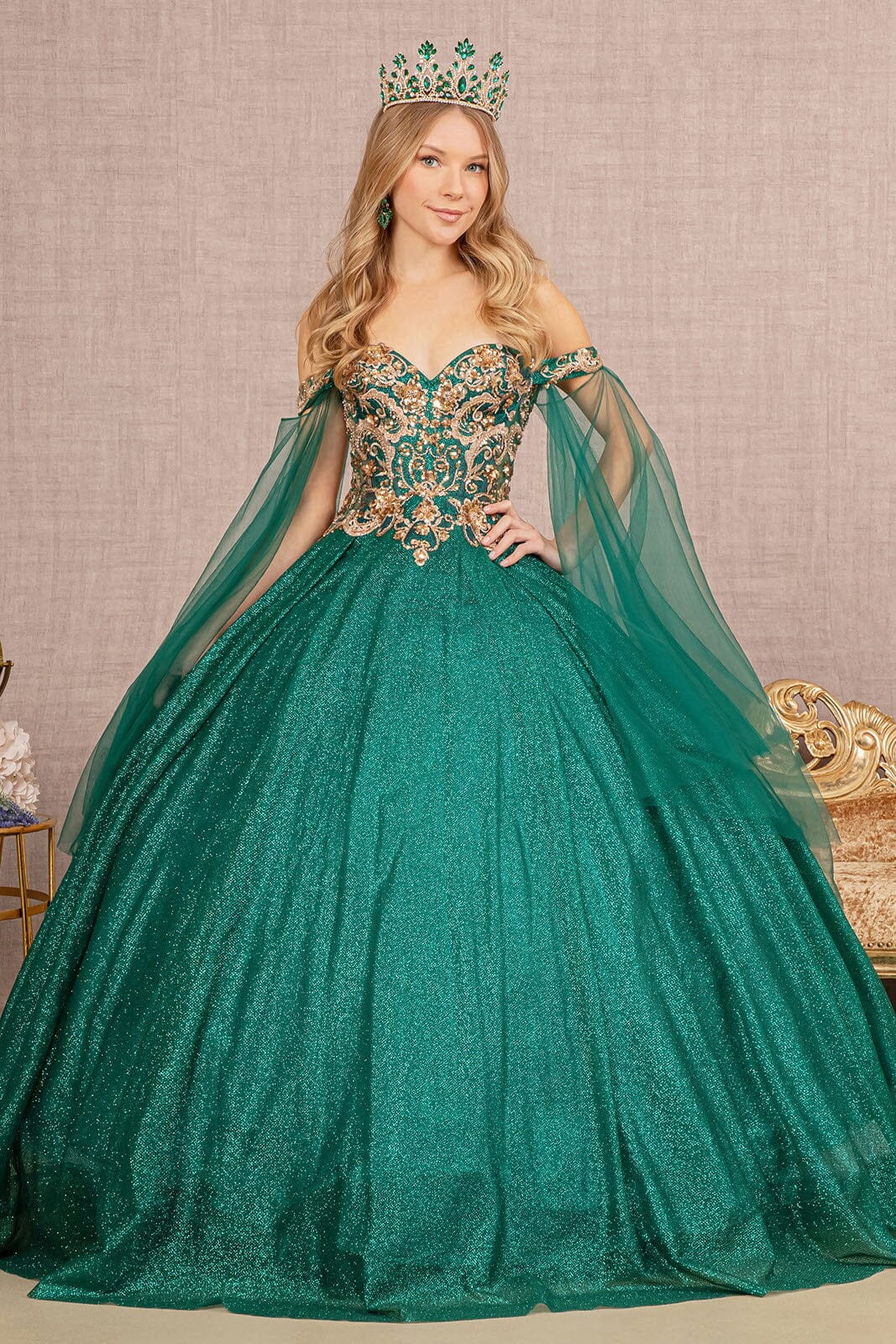 slim fit dress slacks Elizabeth K GL3139 Glitter Cape Sleeve Gown