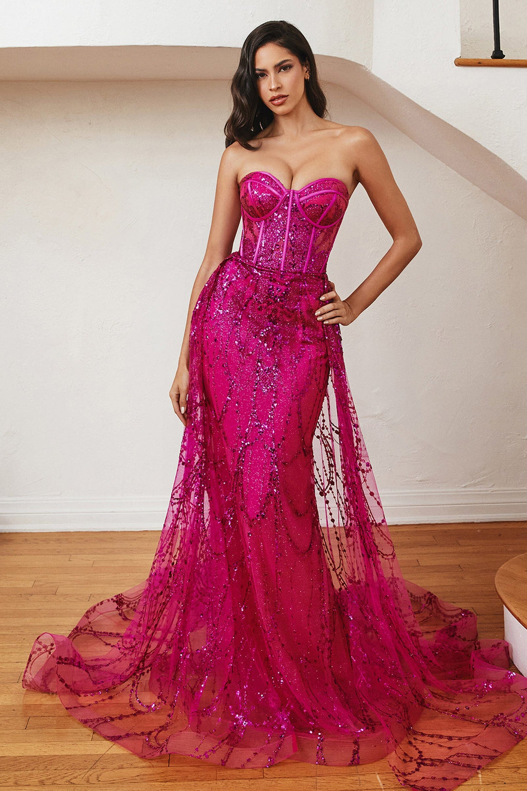 Glitter Fitted Strapless Overskirt Gown by Ladivine CB095