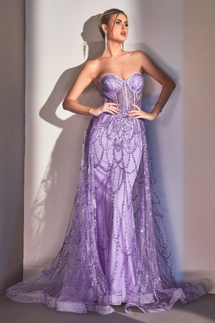 Glitter Fitted Strapless Overskirt Gown by Ladivine CB095
