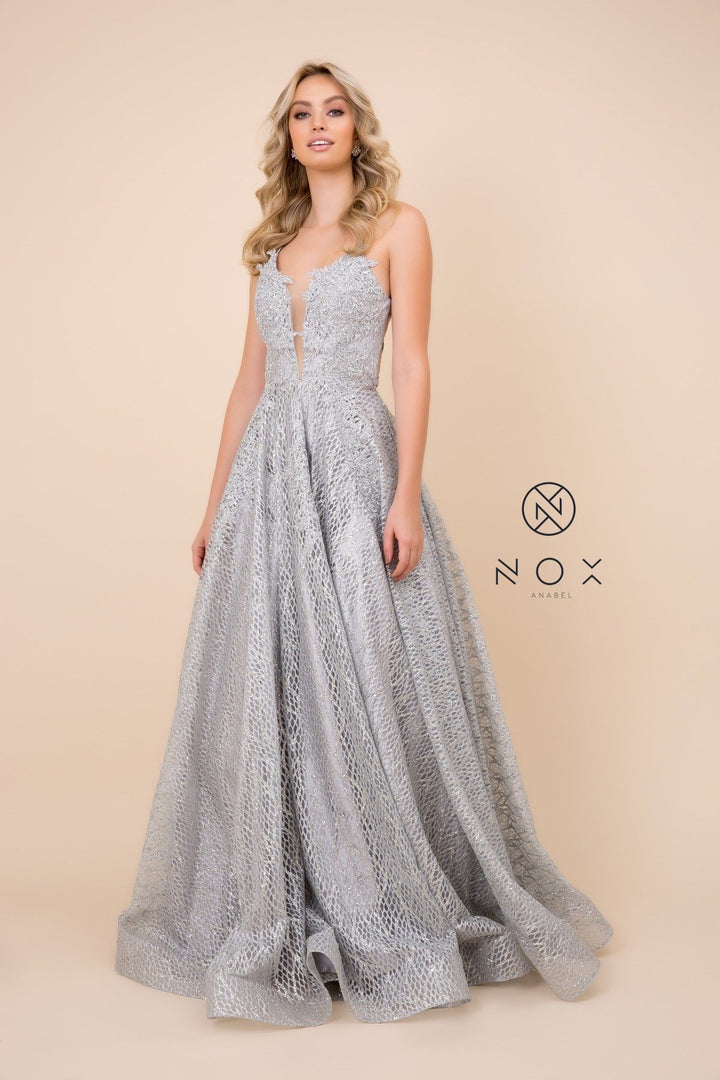 Glitter Mesh V-Neck Gown with Corset Back by Nox Anabel R349