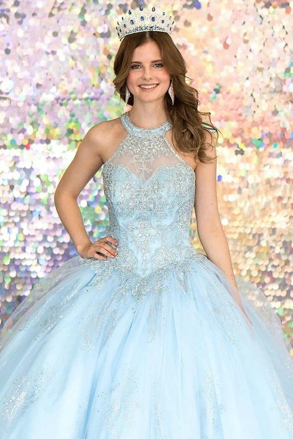 Glitter Print High Neck Quinceanera Dress by Calla SYL19002