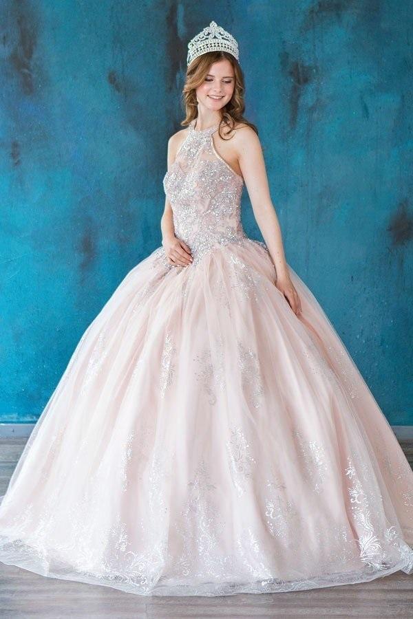 Glitter Print High Neck Quinceanera Dress by Calla SYL19002