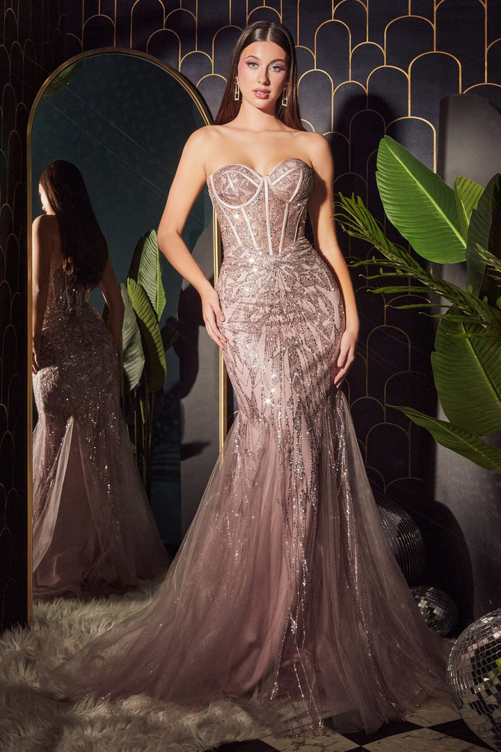 Glitter Print Strapless Mermaid Dress by Ladivine CB116