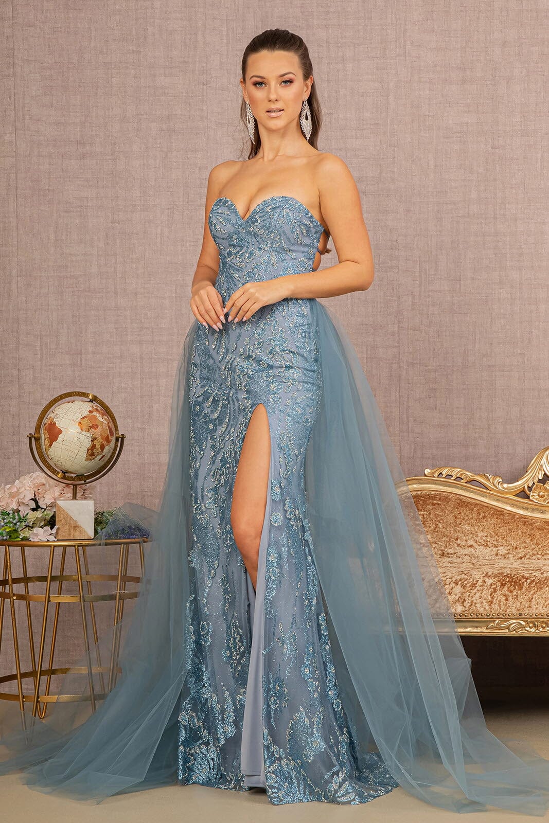 Glitter Print Strapless Overskirt Gown by GLS Gloria GL3156 3XL / Smoky Blue Glitter Print Strapless Overskirt Gown by GLS Gloria GL3156 3XL / Smoky Blue