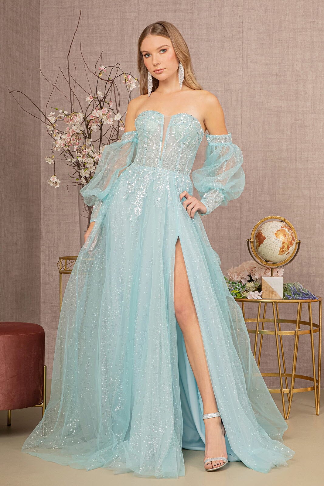 Glitter Puff Sleeve Slit Gown by GLS Gloria GL3118 XL / Baby Blue Glitter Puff Sleeve Slit Gown by GLS Gloria GL3118 XL / Baby Blue