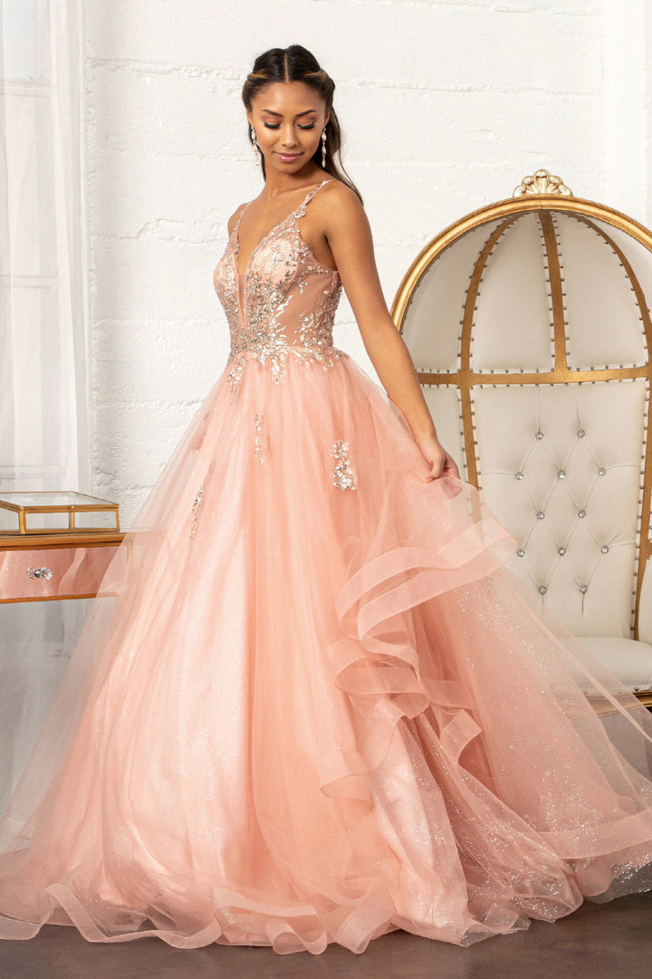 Glitter V-Neck Ball Gown by Elizabeth K GL3021