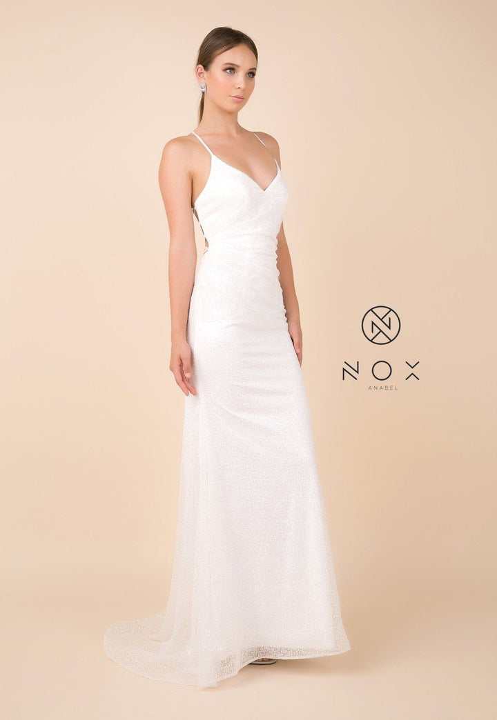 Glitter V-Neck Trumpet Dress with Open Back by Nox Anabel T290-Long Formal Dresses-ABC Fashion