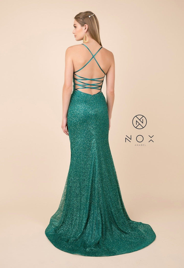 Glitter V-Neck Trumpet Dress with Open Back by Nox Anabel T290-Long Formal Dresses-ABC Fashion