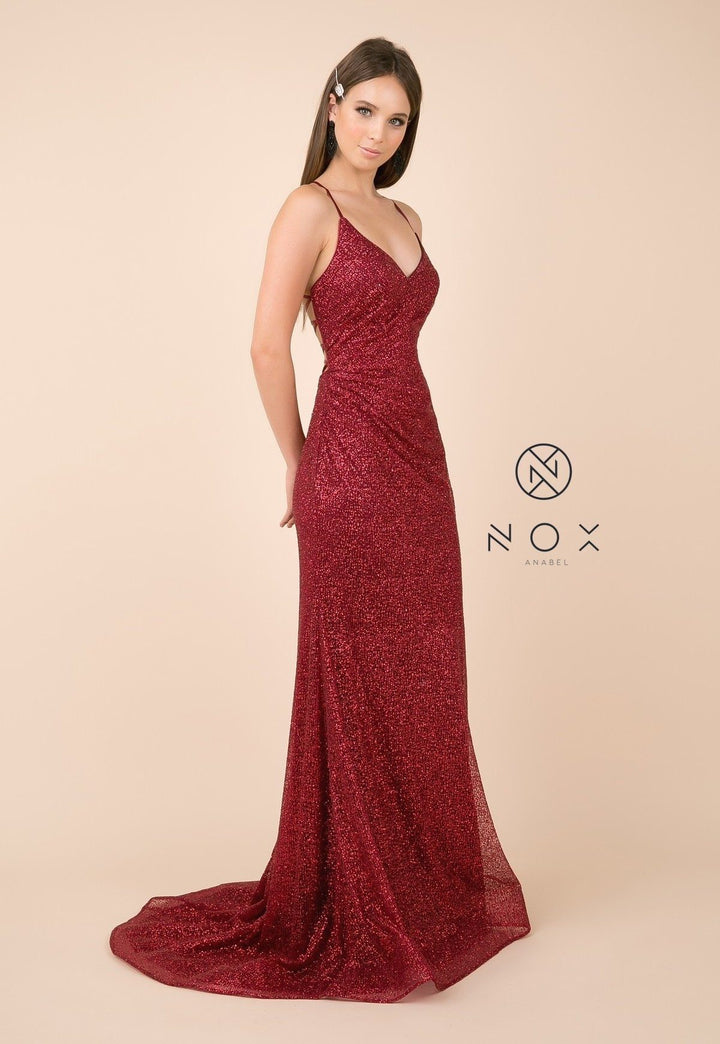 Glitter V-Neck Trumpet Dress with Open Back by Nox Anabel T290-Long Formal Dresses-ABC Fashion