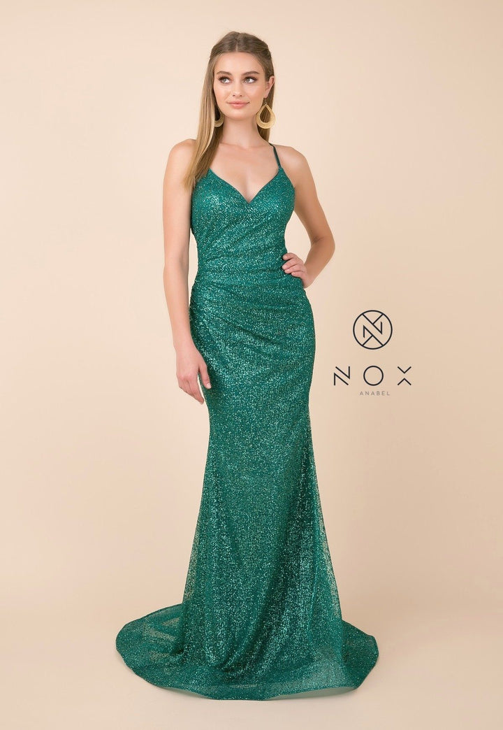 Glitter V-Neck Trumpet Dress with Open Back by Nox Anabel T290-Long Formal Dresses-ABC Fashion