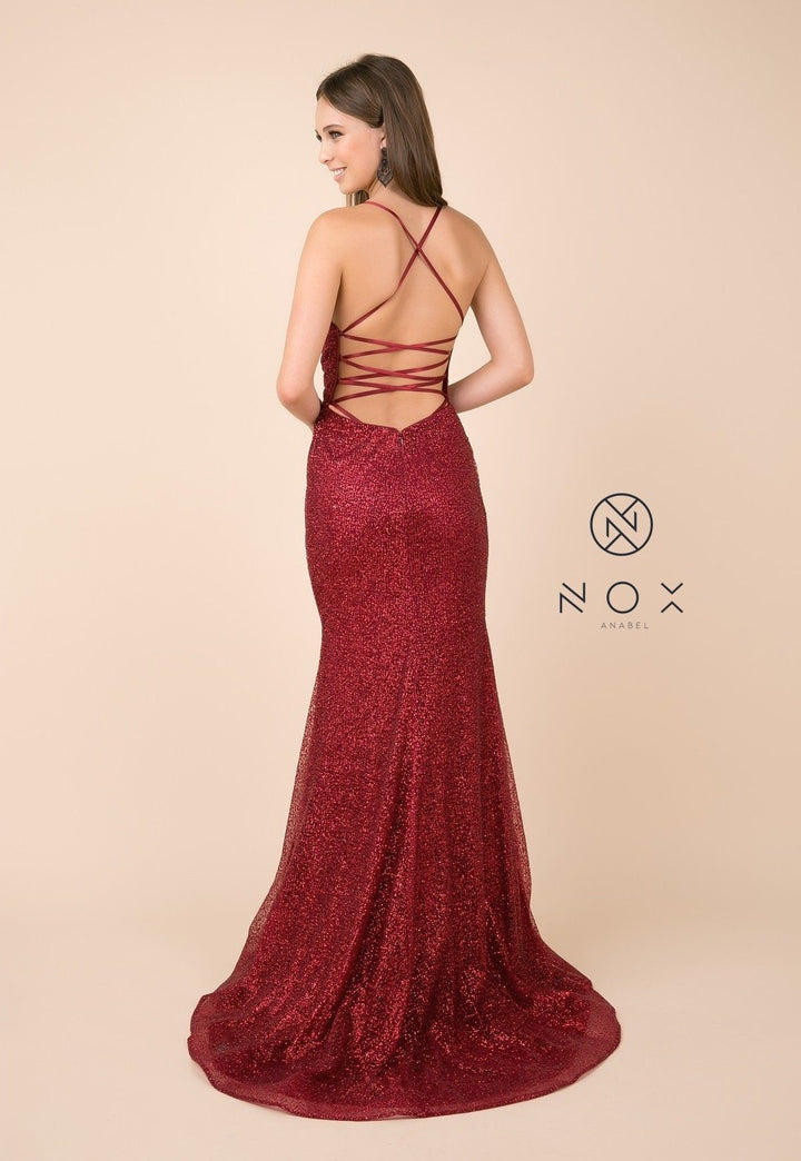 Glitter V-Neck Trumpet Dress with Open Back by Nox Anabel T290-Long Formal Dresses-ABC Fashion