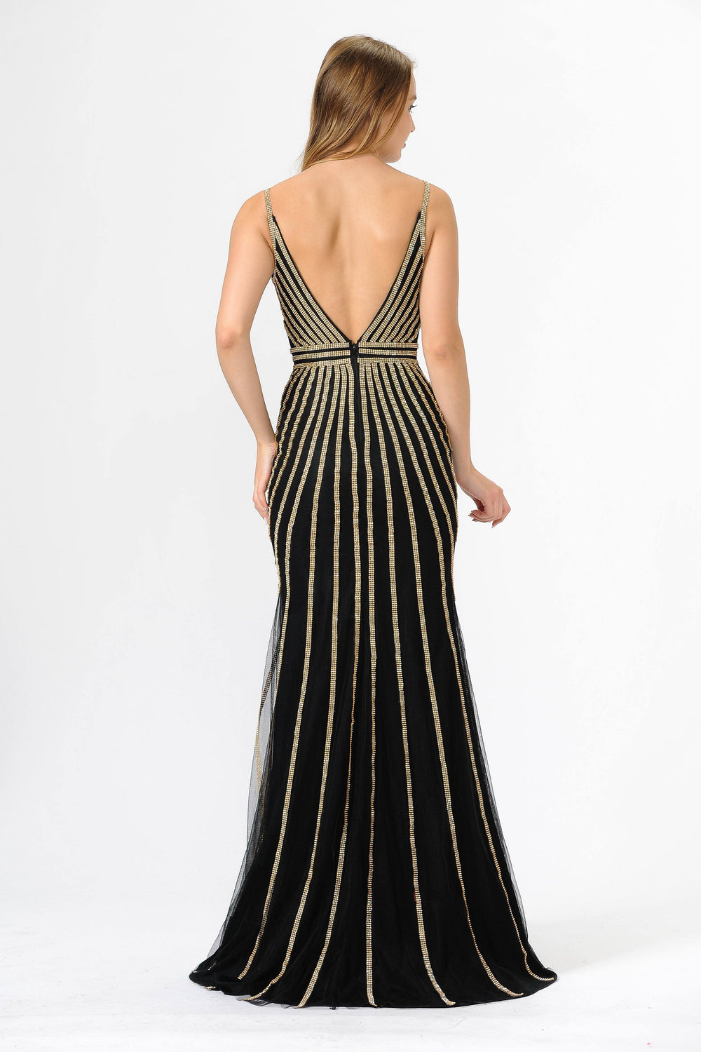 Gold Embellished Long V-Neck Dress by Poly USA 8322-Long Formal Dresses-ABC Fashion