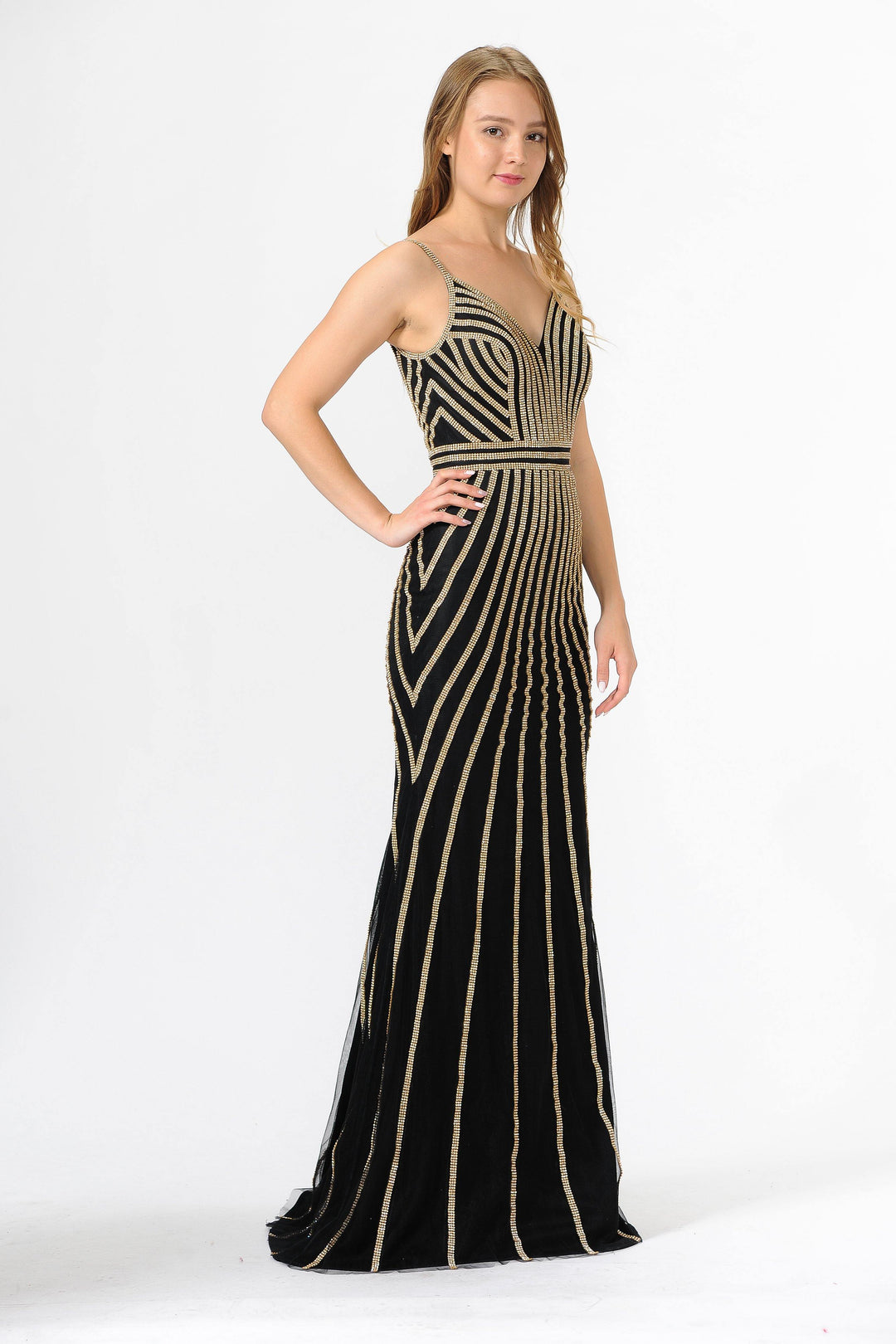 Gold Embellished Long V-Neck Dress by Poly USA 8322-Long Formal Dresses-ABC Fashion