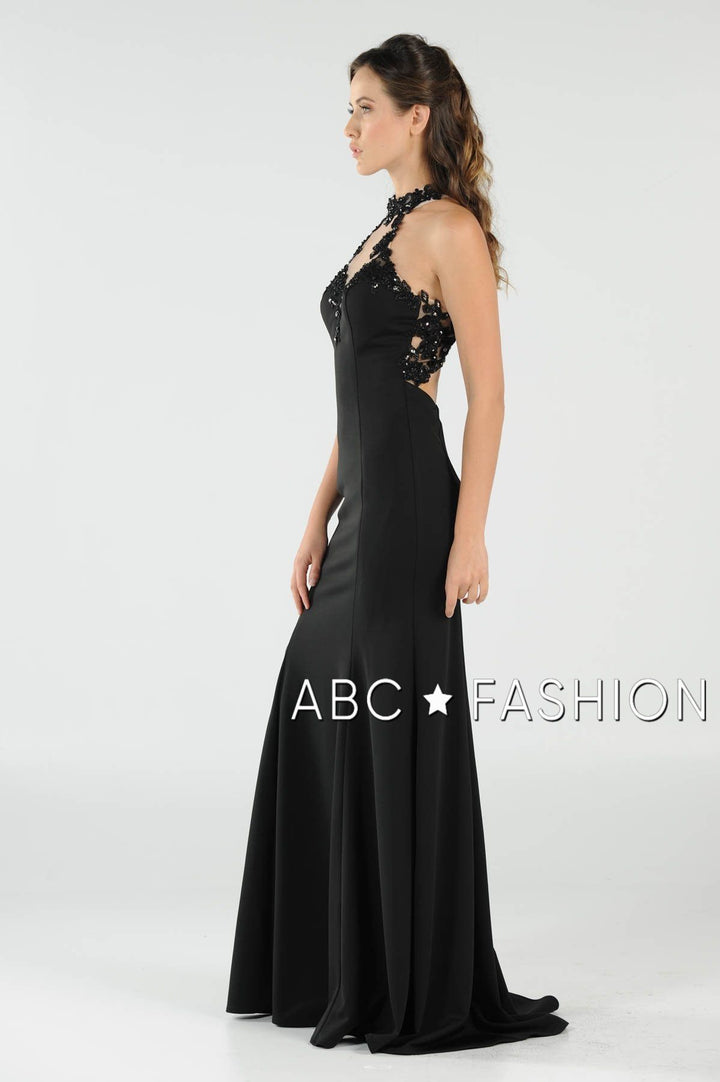 High-Neck Mermaid Dress with Lace Appliques by Poly USA 8172-Long Formal Dresses-ABC Fashion