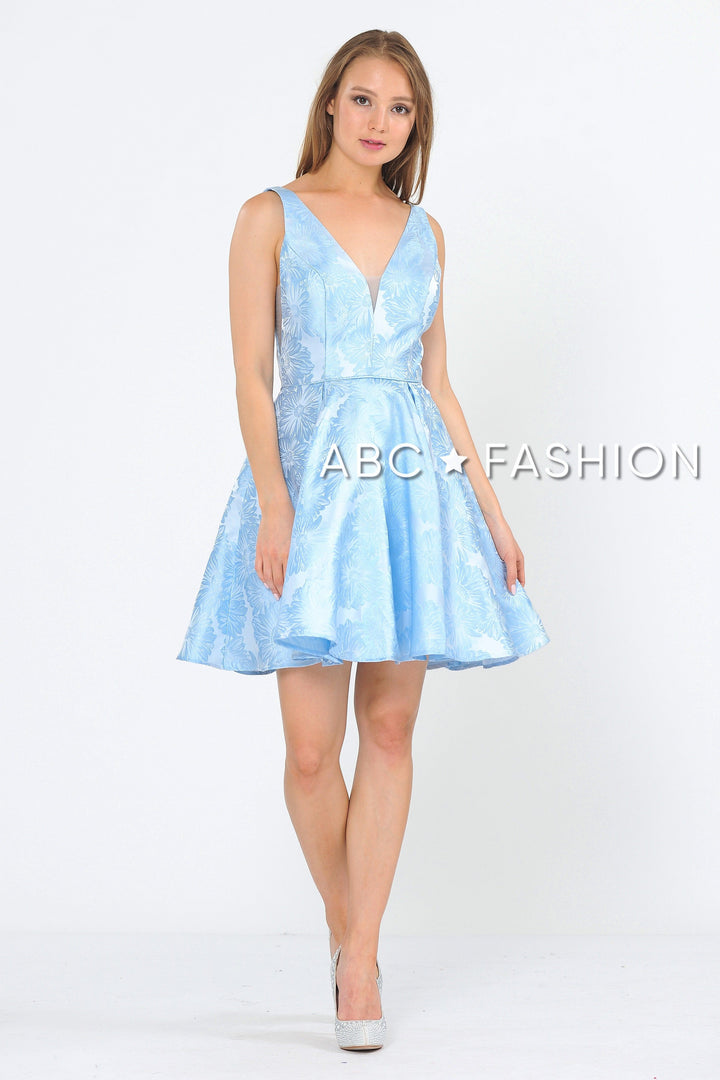 Illusion Short V-Neck Floral Print Dress by Poly USA 8366-Short Cocktail Dresses-ABC Fashion