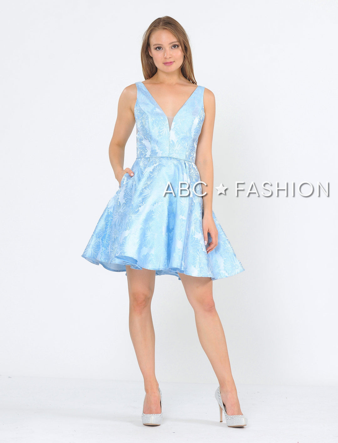 Illusion Short V-Neck Floral Print Dress by Poly USA 8366-Short Cocktail Dresses-ABC Fashion