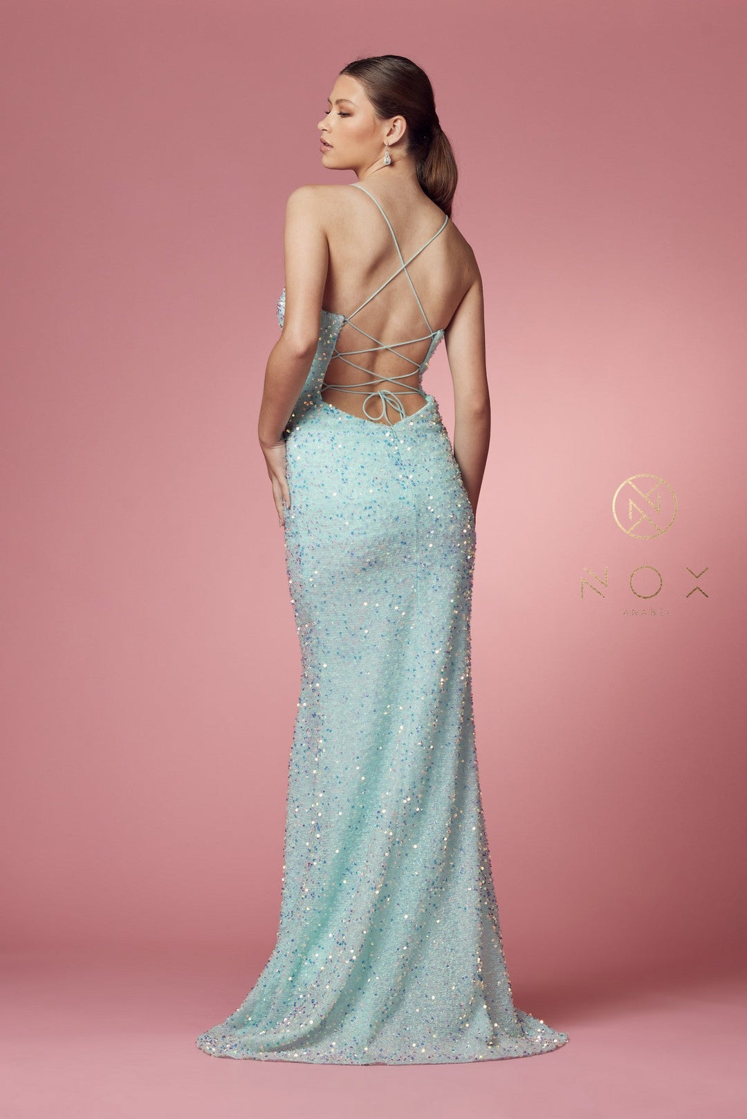 Iridescent Sequin Fitted Slit Gown by Nox Anabel S1018
