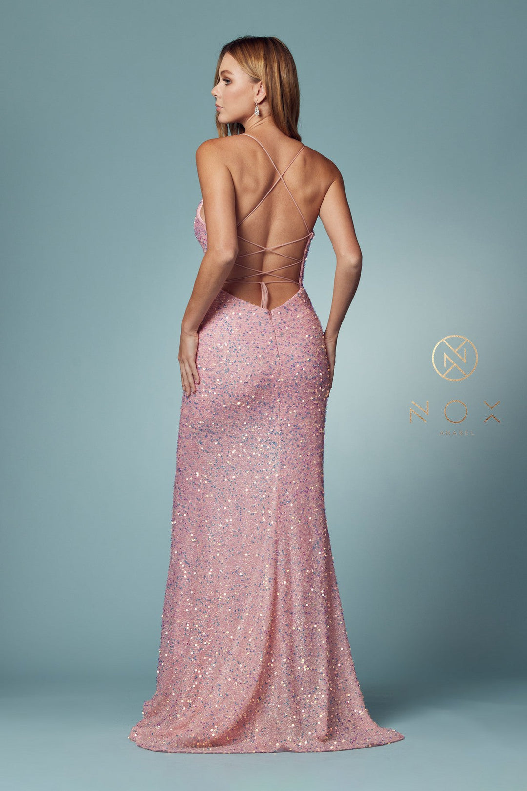 Iridescent Sequin Fitted Slit Gown by Nox Anabel S1018