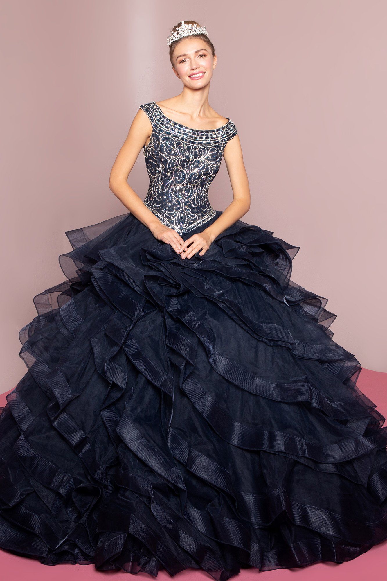 Jeweled Cap Sleeve Ball Gown with Layered Skirt by Elizabeth K