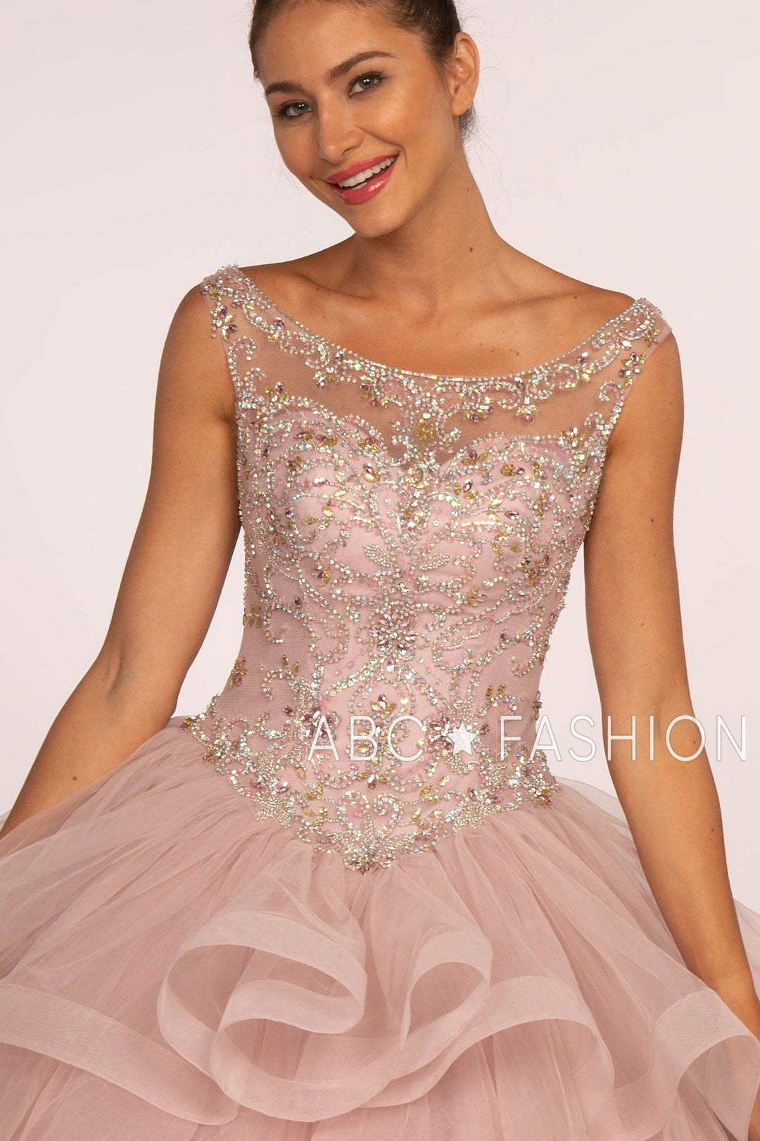 Jeweled Illusion Ball Gown with Layered Skirt by Elizabeth K GL2517-Quinceanera Dresses-ABC Fashion