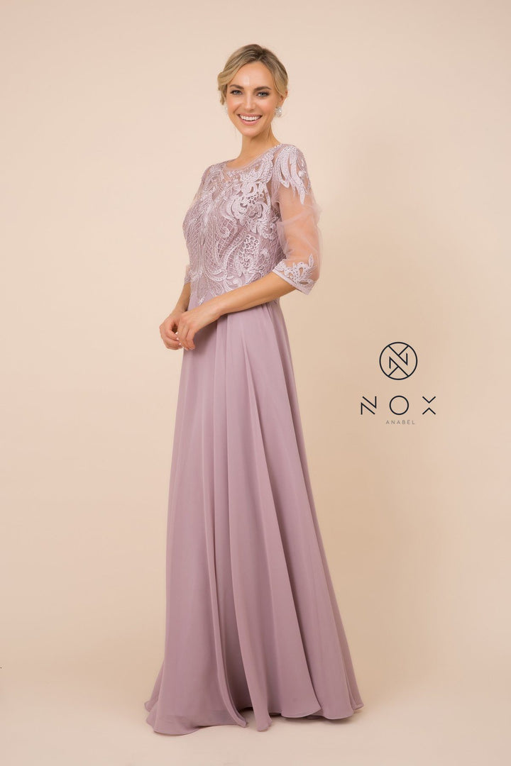 Lace Applique Chiffon Gown with Mid-Sleeves by Nox Anabel Y512