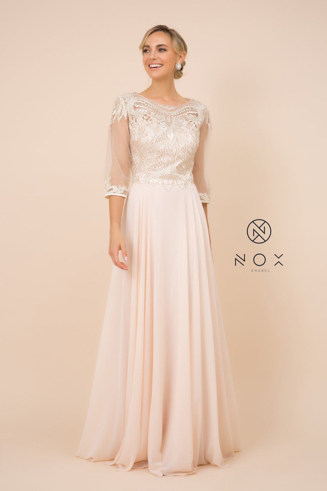 Lace Applique Chiffon Gown with Mid-Sleeves by Nox Anabel Y512