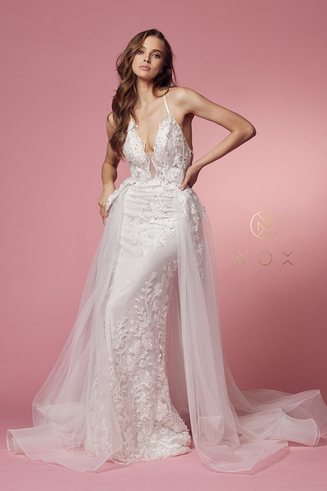 Lace Applique Fitted Overskirt Gown by Nox Anabel F485