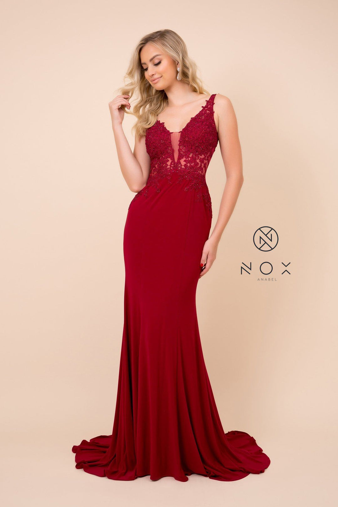 Lace Applique Illusion Mermaid Dress by Nox Anabel J326