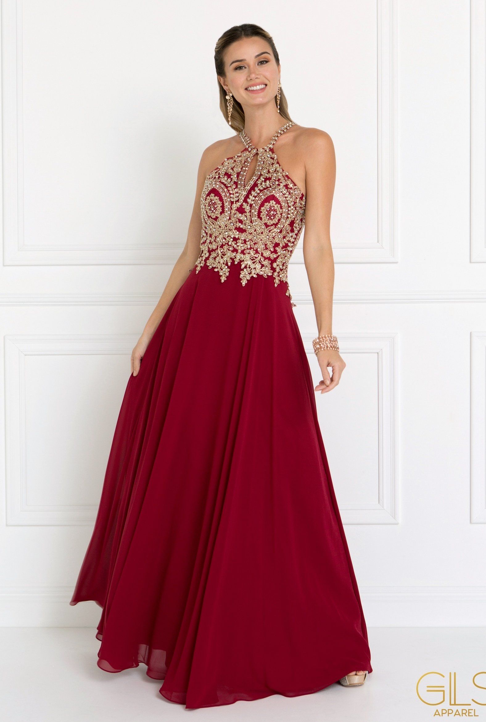 Elizabeth K - GL1526 Lace Embellished High Neck Chiffon Gown Xs / Burgundy - Shop Elizabeth K Dresses On Couture Candy at CoutureCandy.com Elizabeth K - GL1526 Lace Embellished High Neck Chiffon Gown Xs / Burgundy - Shop Elizabeth K Dresses On Couture Candy at CoutureCandy.com
