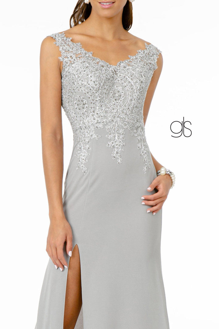 Lace Applique Long Fitted V-Neck Dress by Elizabeth K GL1839