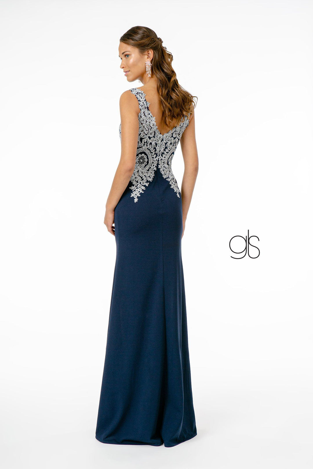 Lace Applique Long Fitted V-Neck Dress by Elizabeth K GL1839