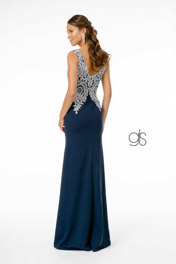 Lace Applique Long Fitted V-Neck Dress by Elizabeth K GL1839