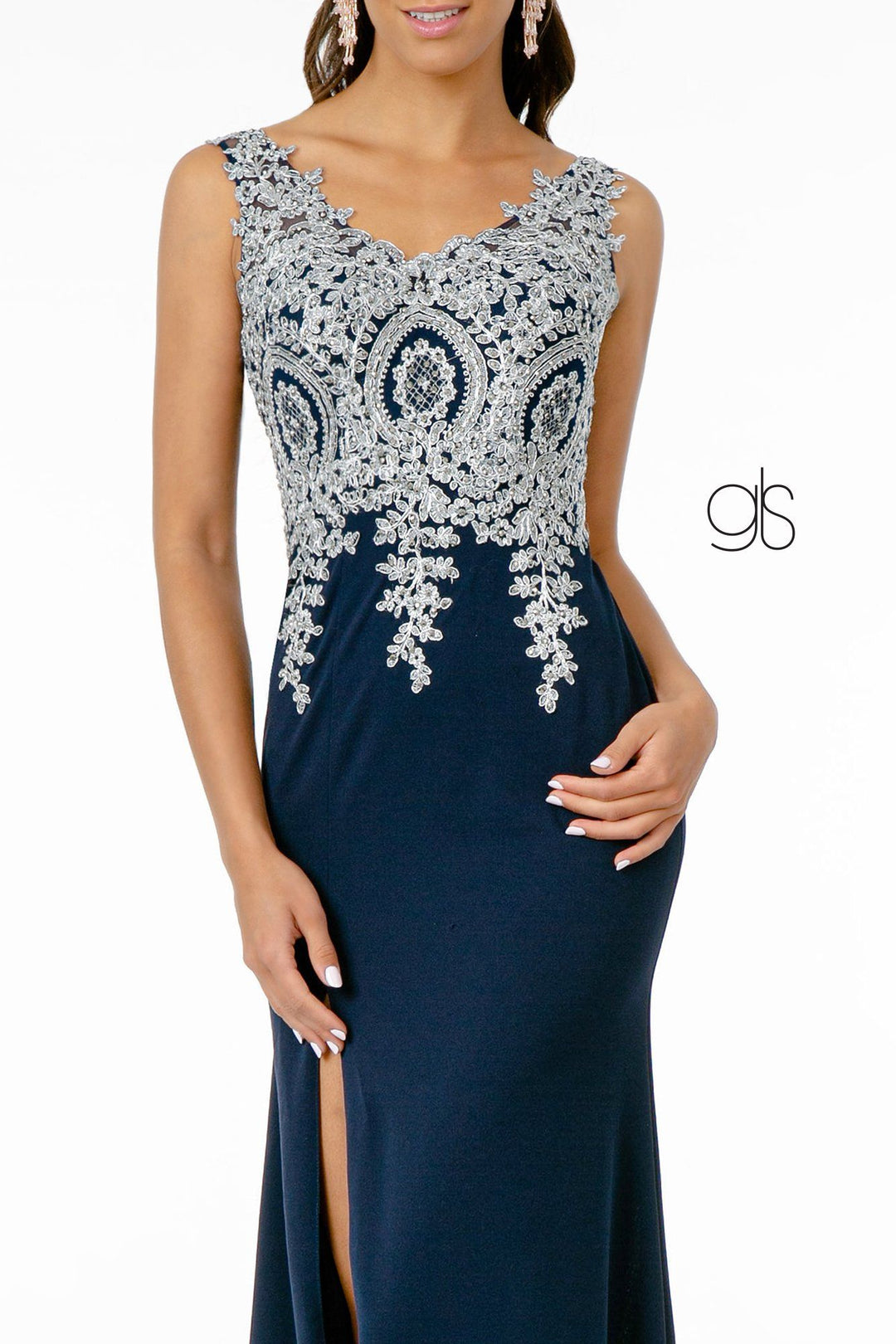 Lace Applique Long Fitted V-Neck Dress by Elizabeth K GL1839