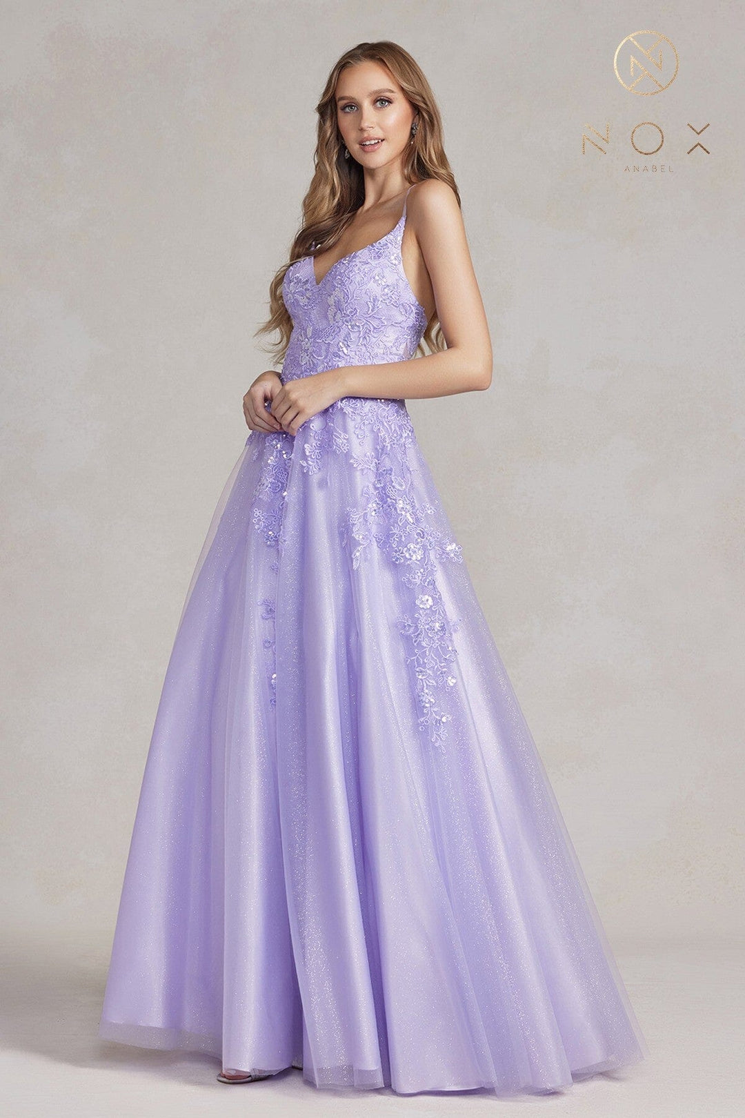 Lace Applique Tulle V-Neck Gown by Nox Anabel E1178