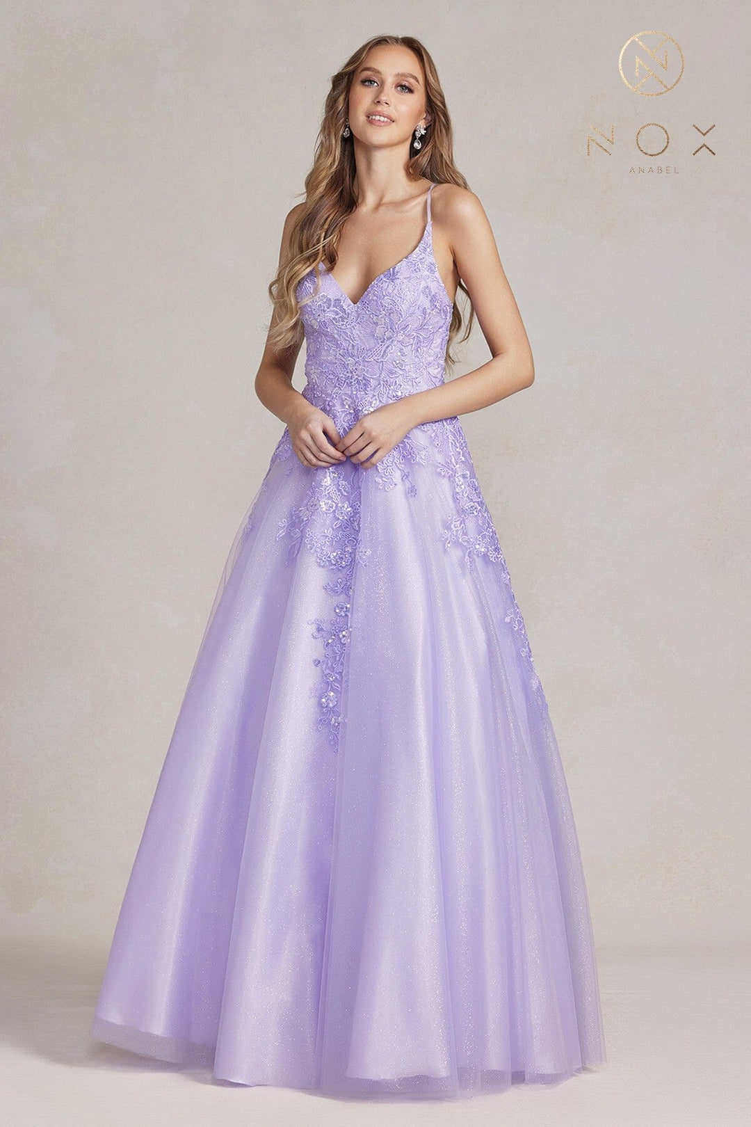 Lace Applique Tulle V-Neck Gown by Nox Anabel E1178