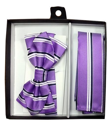 Lavender Striped Bow Tie with Pocket Square (Pointed Tip)-Men's Bow Ties-ABC Fashion