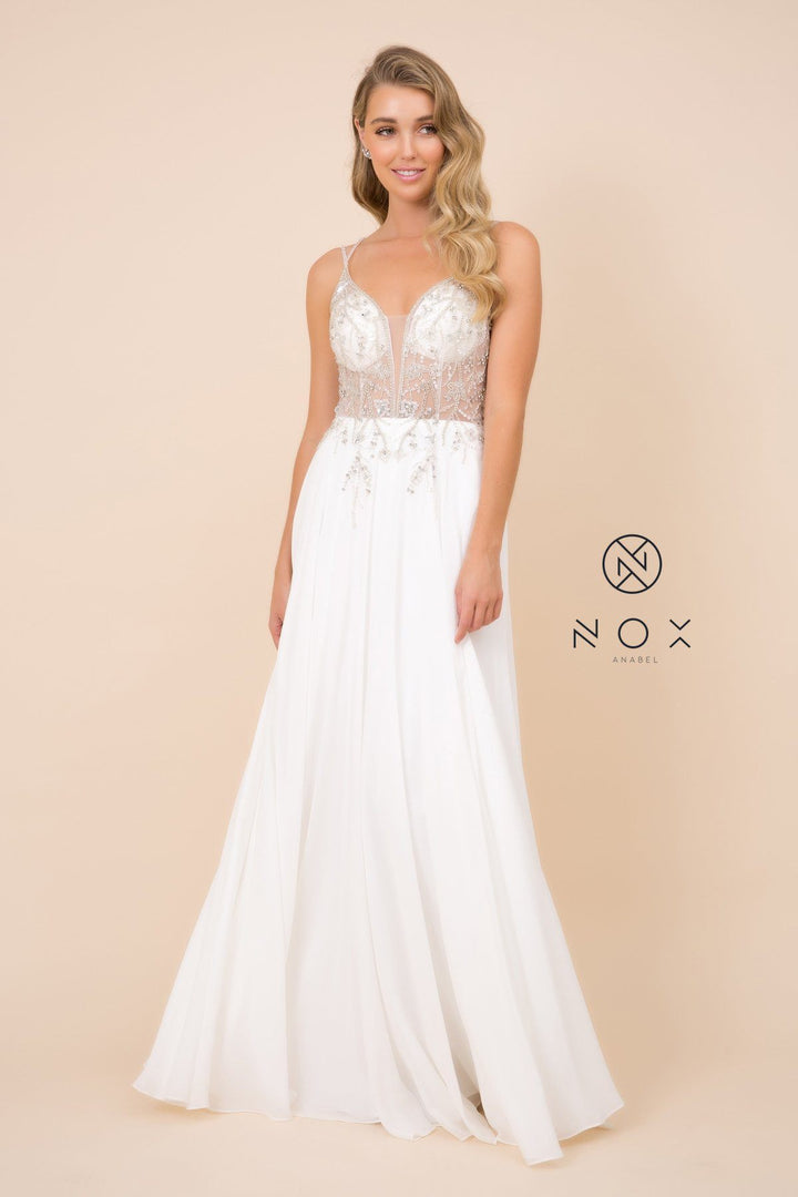 Long A-line Dress with Beaded Sheer Bodice by Nox Anabel T315