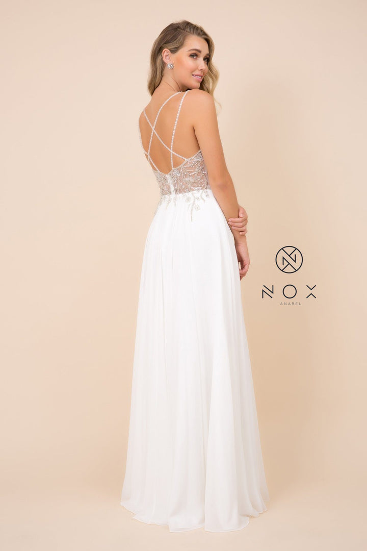 Long A-line Dress with Beaded Sheer Bodice by Nox Anabel T315